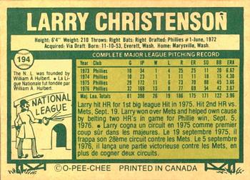 1977 O-Pee-Chee #194 Larry Christenson Back