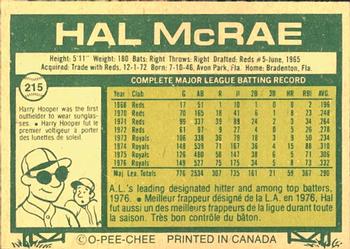1977 O-Pee-Chee #215 Hal McRae Back