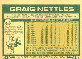 1977 O-Pee-Chee #217 Graig Nettles Back