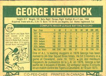 1977 O-Pee-Chee #218 George Hendrick Back