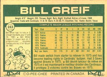 1977 O-Pee-Chee #243 Bill Greif Back