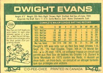 1977 O-Pee-Chee #259 Dwight Evans Back