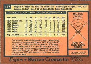 1978 O-Pee-Chee #117 Warren Cromartie Back