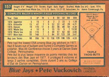 1978 O-Pee-Chee #157 Pete Vuckovich Back