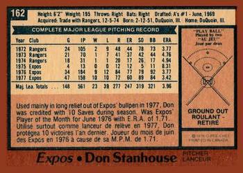 1978 O-Pee-Chee #162 Don Stanhouse Back