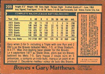 1978 O-Pee-Chee #209 Gary Matthews Back
