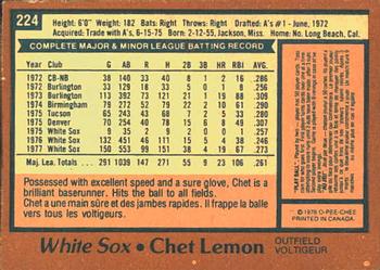 1978 O-Pee-Chee #224 Chet Lemon Back