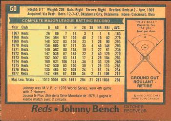 1978 O-Pee-Chee #50 Johnny Bench Back