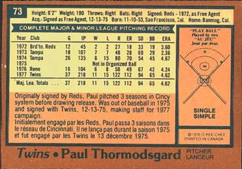 1978 O-Pee-Chee #73 Paul Thormodsgard Back