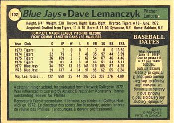 1979 O-Pee-Chee #102 Dave Lemanczyk Back