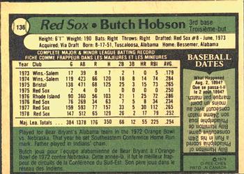 1979 O-Pee-Chee #136 Butch Hobson Back