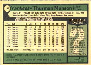 1979 O-Pee-Chee #157 Thurman Munson Back
