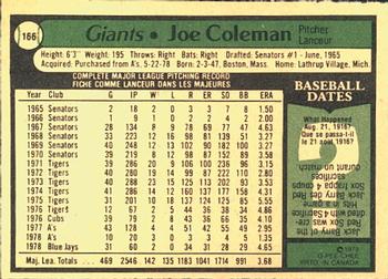 1979 O-Pee-Chee #166 Joe Coleman Back
