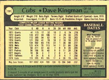 1979 O-Pee-Chee #191 Dave Kingman Back