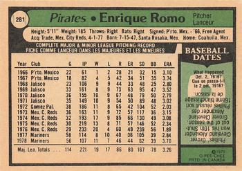 1979 O-Pee-Chee #281 Enrique Romo Back