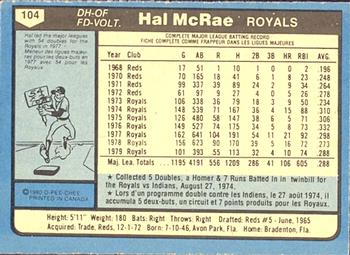 1980 O-Pee-Chee #104 Hal McRae Back