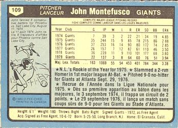 1980 O-Pee-Chee #109 John Montefusco Back