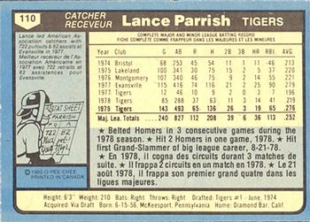 1980 O-Pee-Chee #110 Lance Parrish Back