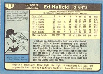 1980 O-Pee-Chee #115 Ed Halicki Back