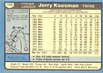 1980 O-Pee-Chee #144 Jerry Koosman Back