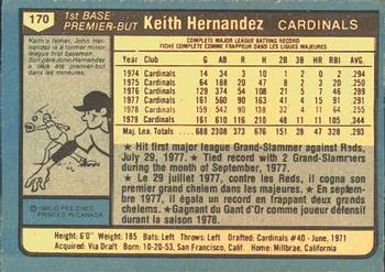 1980 O-Pee-Chee #170 Keith Hernandez Back
