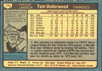 1980 O-Pee-Chee #172 Tom Underwood Back