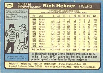 1980 O-Pee-Chee #175 Rich Hebner Back