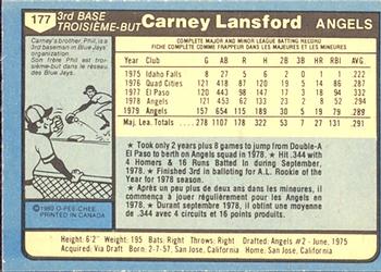 1980 O-Pee-Chee #177 Carney Lansford Back