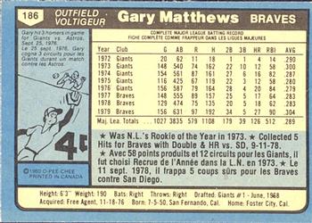 1980 O-Pee-Chee #186 Gary Matthews Back