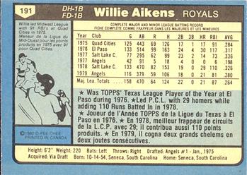 1980 O-Pee-Chee #191 Willie Aikens Back