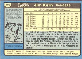 1980 O-Pee-Chee #192 Jim Kern Back