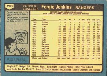 1980 O-Pee-Chee #203 Fergie Jenkins Back