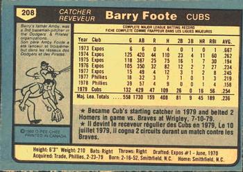1980 O-Pee-Chee #208 Barry Foote Back