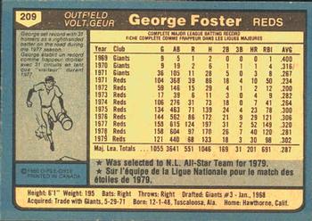 1980 O-Pee-Chee #209 George Foster Back