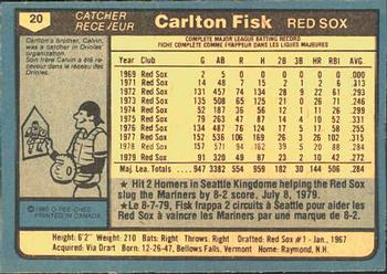 1980 O-Pee-Chee #20 Carlton Fisk Back
