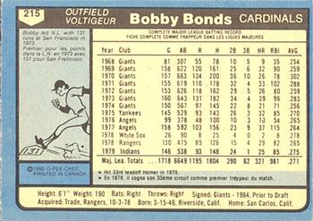 1980 O-Pee-Chee #215 Bobby Bonds Back