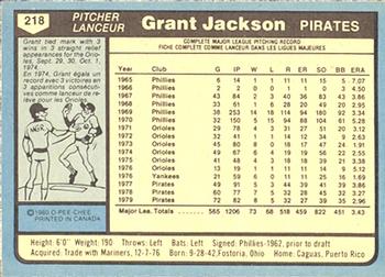 1980 O-Pee-Chee #218 Grant Jackson Back