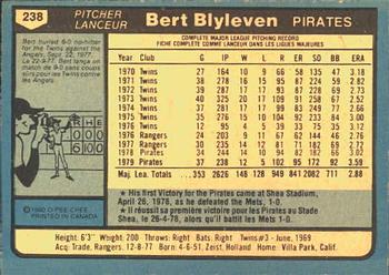 1980 O-Pee-Chee #238 Bert Blyleven Back