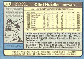 1980 O-Pee-Chee #273 Clint Hurdle Back
