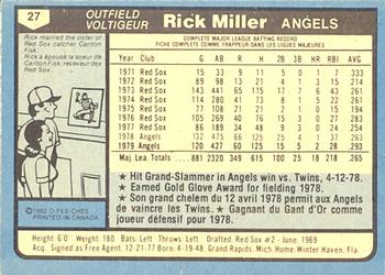 1980 O-Pee-Chee #27 Rick Miller Back