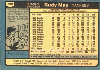 1980 O-Pee-Chee #281 Rudy May Back
