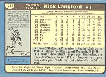 1980 O-Pee-Chee #284 Rick Langford Back