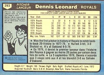 1980 O-Pee-Chee #293 Dennis Leonard Back
