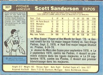 1980 O-Pee-Chee #301 Scott Sanderson Back