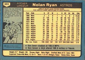1980 O-Pee-Chee #303 Nolan Ryan Back