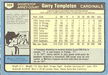 1980 O-Pee-Chee #308 Garry Templeton Back