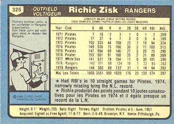 1980 O-Pee-Chee #325 Richie Zisk Back