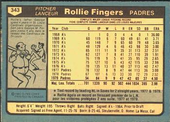 1980 O-Pee-Chee #343 Rollie Fingers Back
