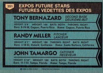 1980 O-Pee-Chee #351 Expos Future Stars (Tony Bernazard / Randy Miller / John Tamargo) Back