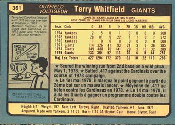 1980 O-Pee-Chee #361 Terry Whitfield Back